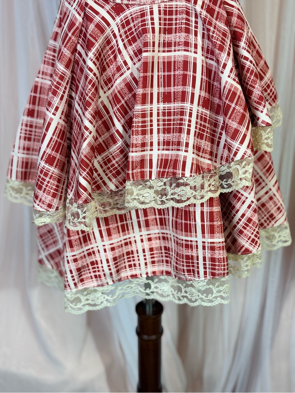 Red Plaid Lace Tiered Cottagecore Coquette Mini Dress Size M - Picture 15 of 16